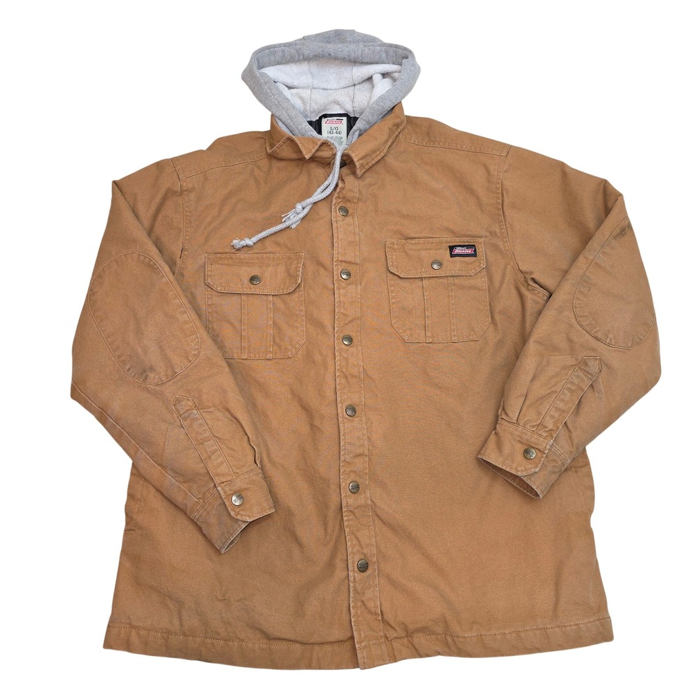 Genuine Dickies Mens Hooded Shirt Jacket Brown Duck Quilted Lined Large 42-44 - Picture 1 of 10